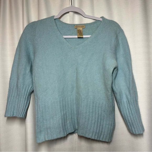 Apostrophe Womens Sweater Angora Rabbit Fur Blue V Neck Large Petite Soft Fuzzy - Picture 1 of 9